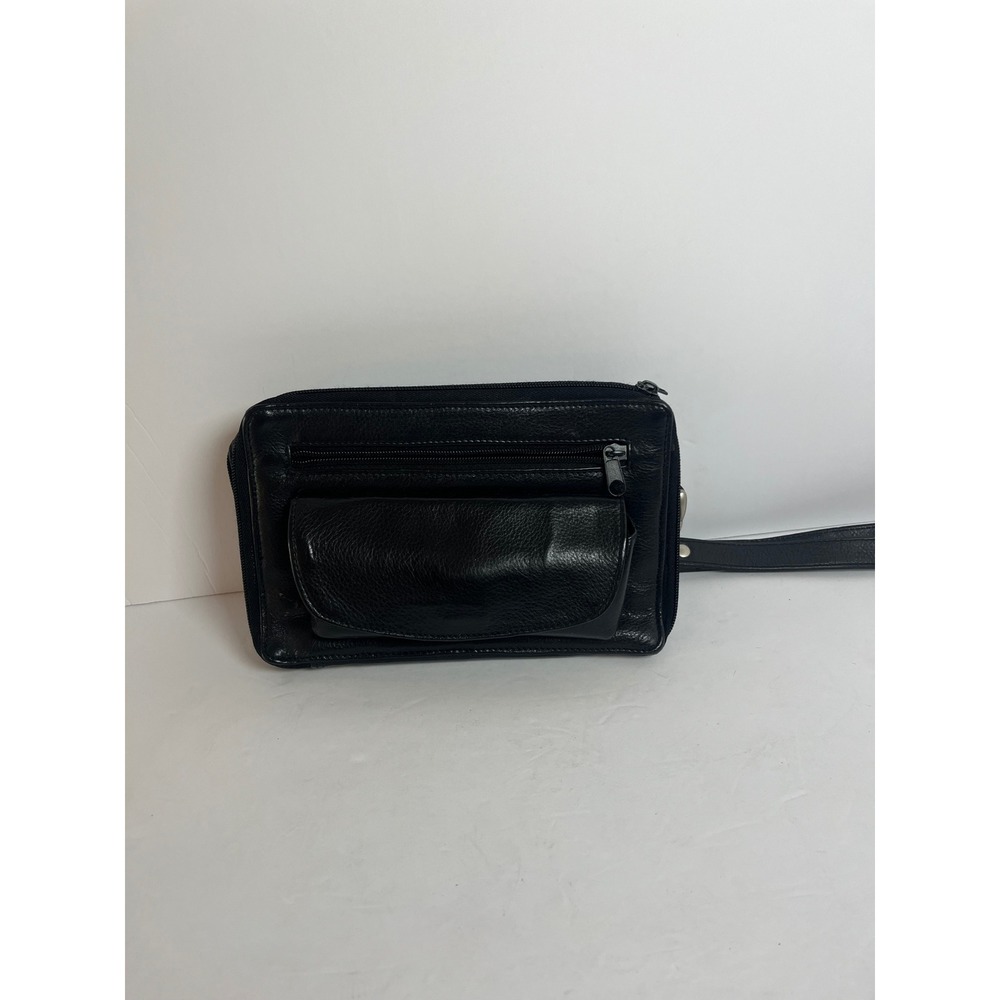 Black Leather Wristlet Clutch Wallet‎ Organizer Bag Purse Travel Small